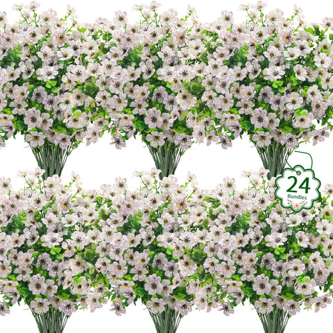 Ouddy Decor 24-pack outdoor flowers in packaged display, durable for year-round outdoor use.