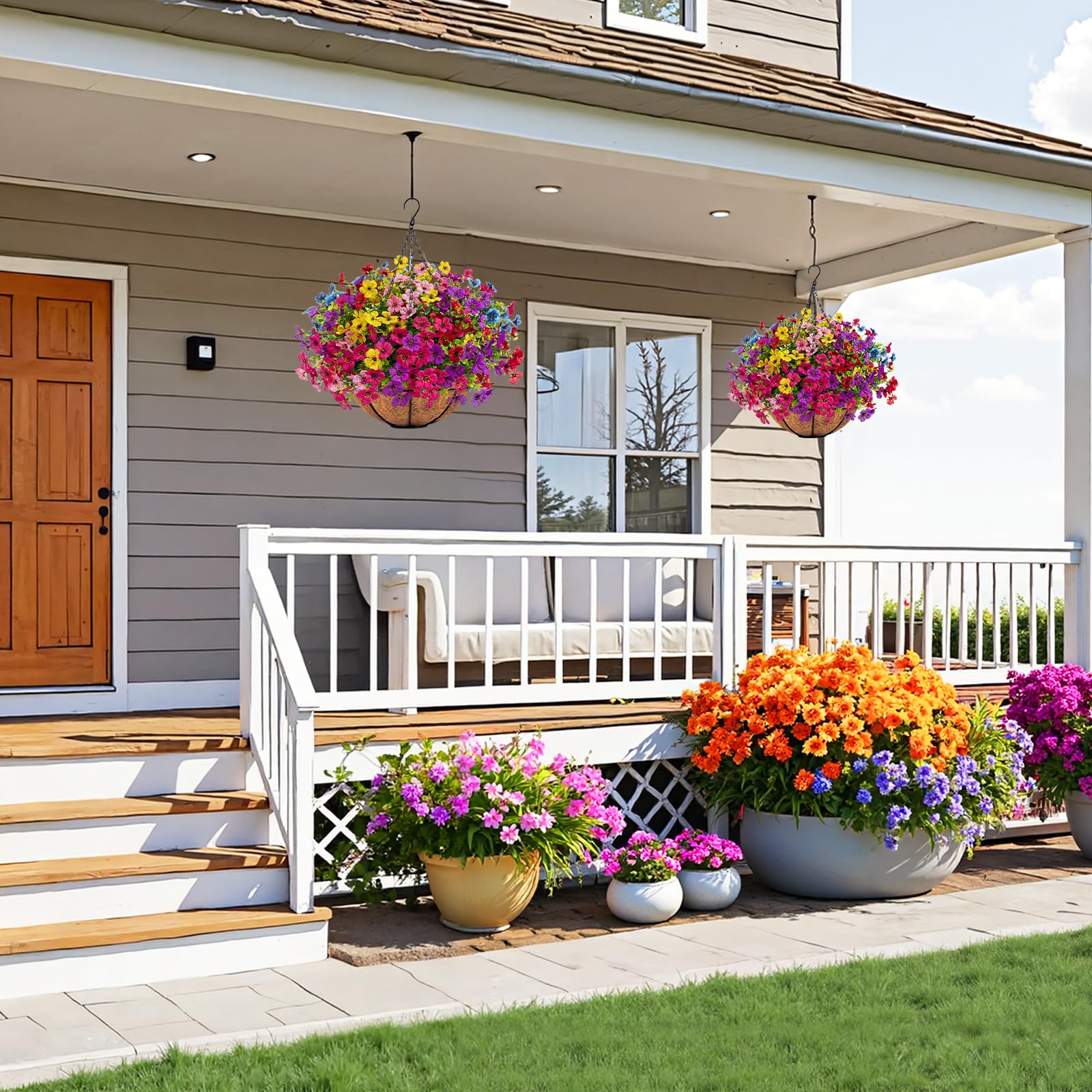 Ouddy Decor assembled hanging flowers in the basket placed in a garden setting.