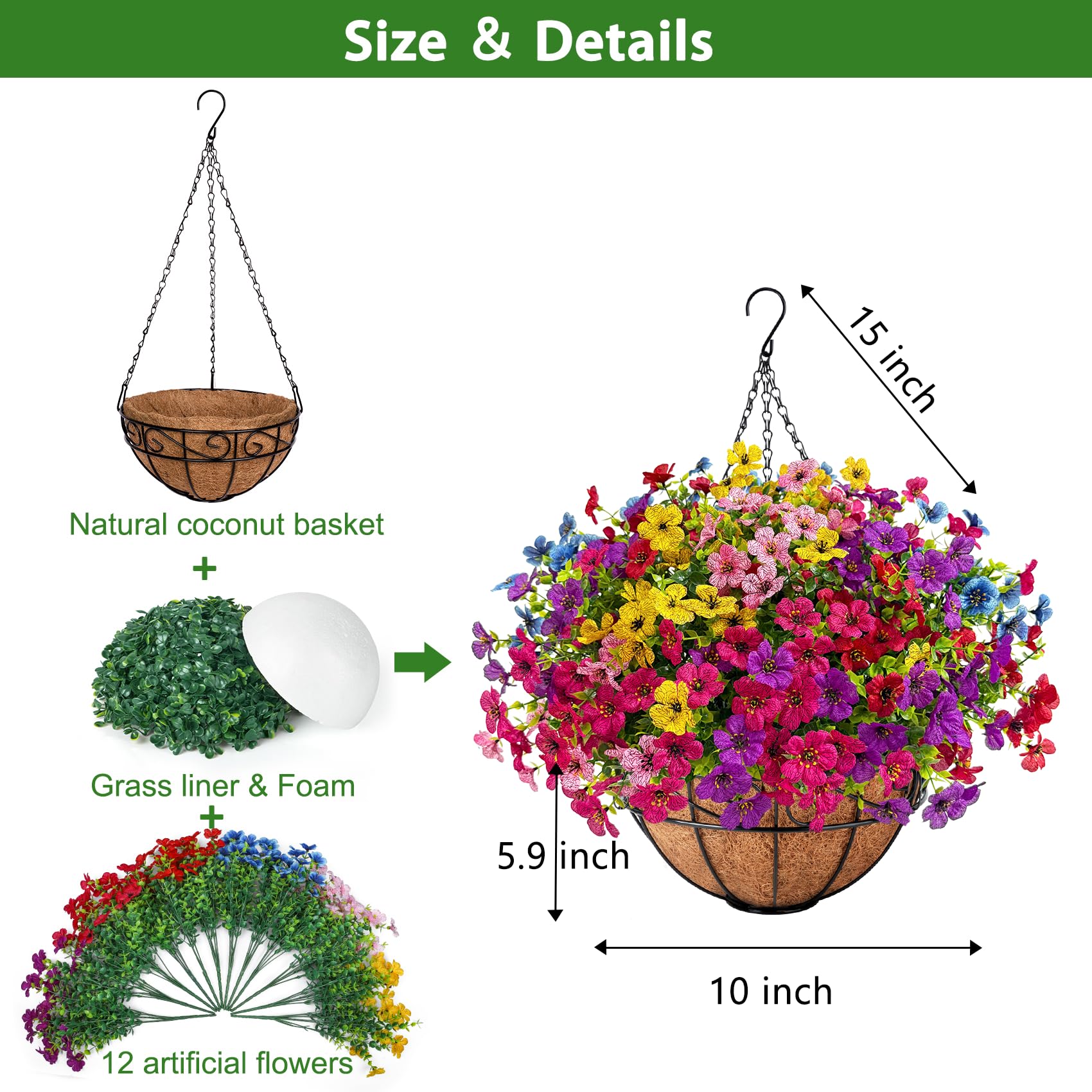 Ouddy Decor hanging flowers close‑up showing realistic petals and vibrant color for indoor/outdoor use.
