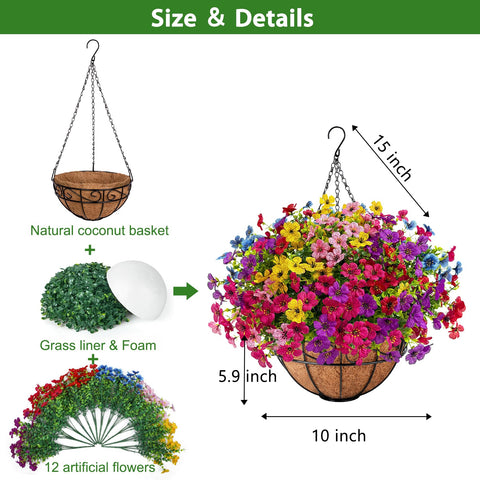 Ouddy Decor hanging flowers close‑up showing realistic petals and vibrant color for indoor/outdoor use.