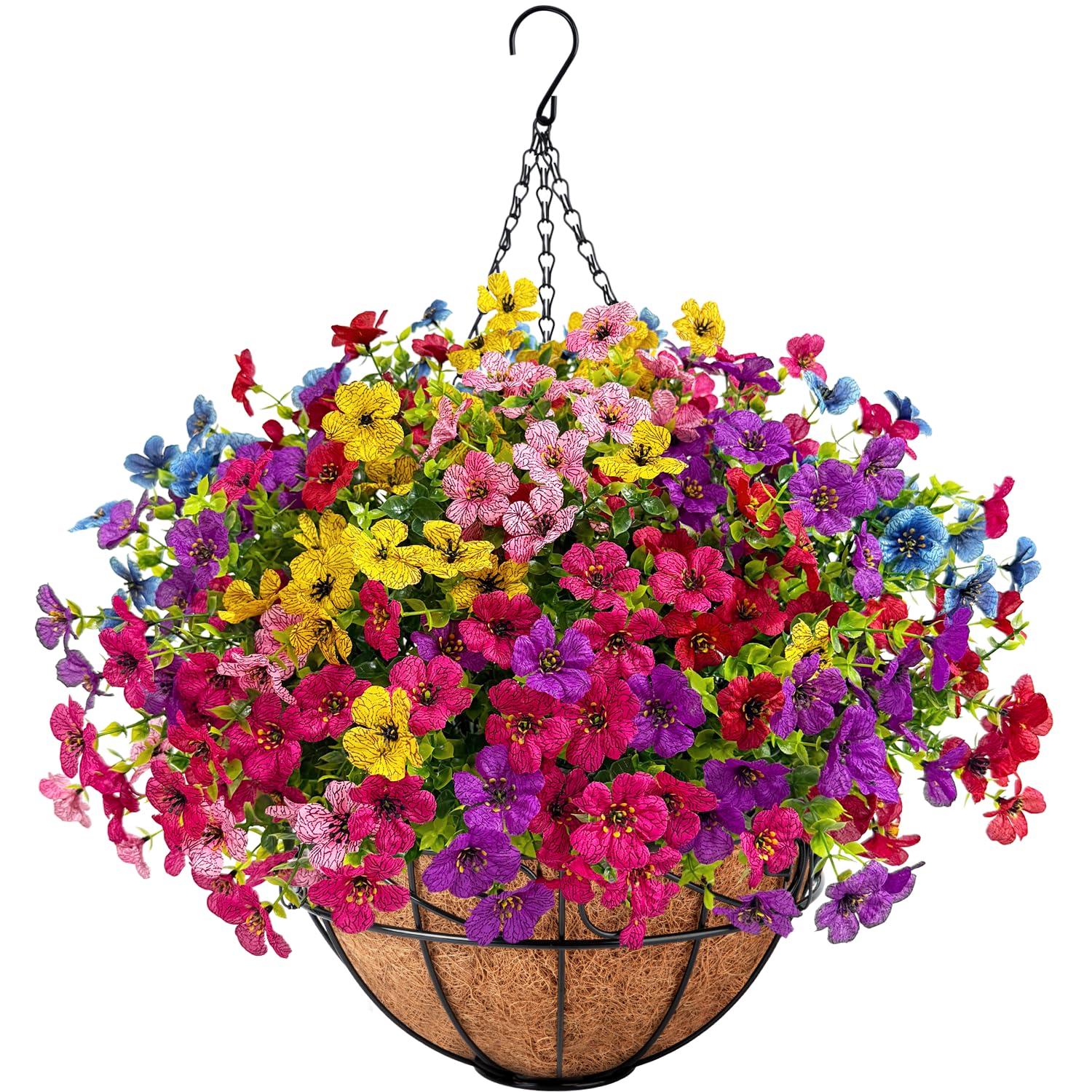 Ouddy Decor artificial hanging flowers with basket viewed from the front for year‑round outdoor decor.