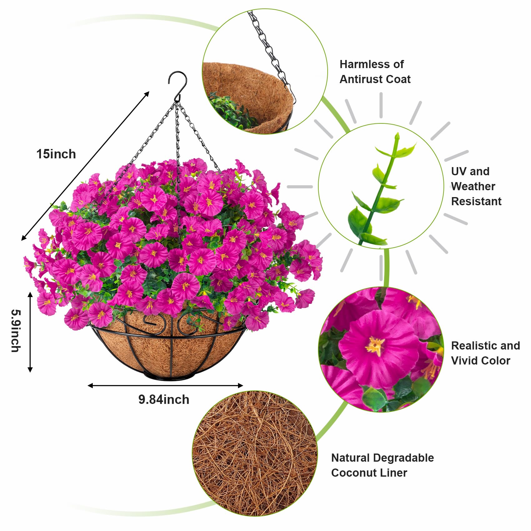 Ouddy Decor hanging basket shows realistic petals for year-round garden charm.