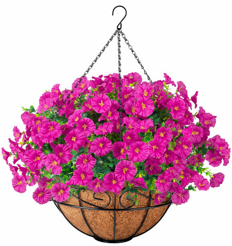 Ouddy Decor hanging flowers in fuchsia add vibrant color to outdoor spaces.