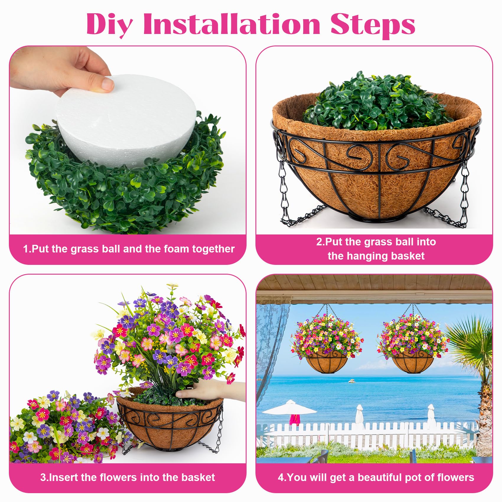 Ouddy Decor mixed-color hanging flowers offer year-round color and texture.