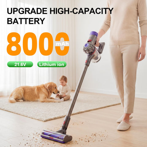 Oueand Dyson V8 battery packaging shows contents and warranty