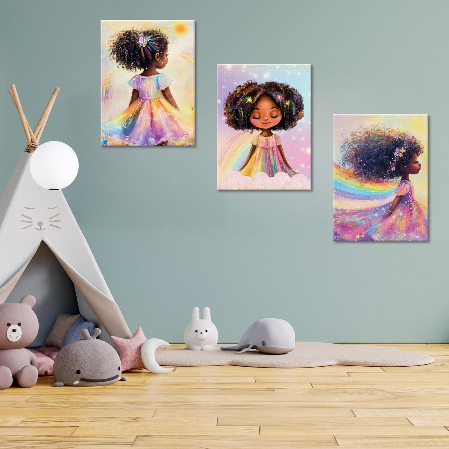 ouiytws Black Girl Princess wall art back panel with stars for dreamy nursery decor.