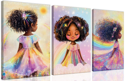 ouiytws Black Girl Princess wall art front panel with rainbow hair, ideal for nursery storytelling.