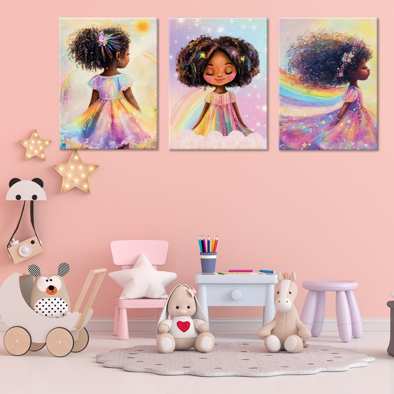 ouiytws Black Girl Princess wall art profile panel showing rainbow hair for room accents.