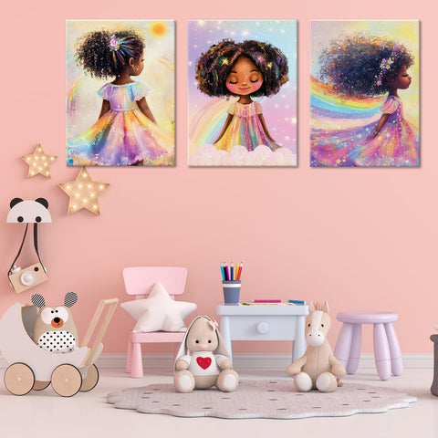 ouiytws Black Girl Princess wall art profile panel showing rainbow hair for room accents.