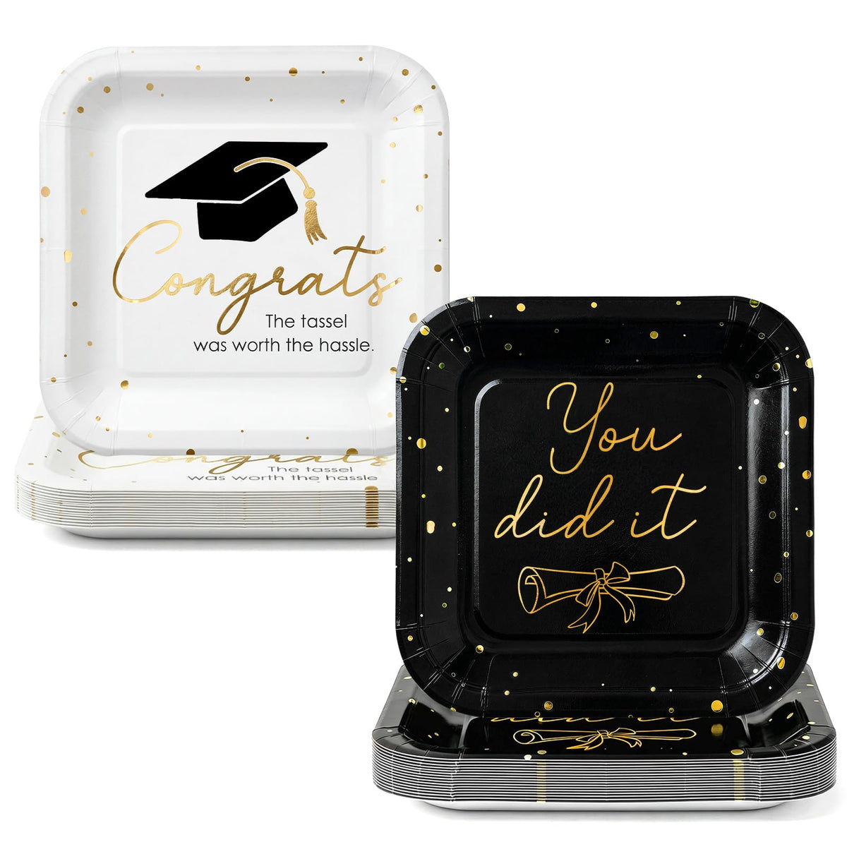 OuMuaMua 2026 black-gold square plates elevate a classy graduation tablescape.