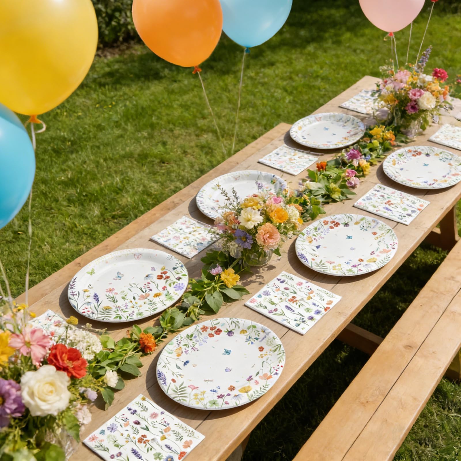 OuMuaMua garden party scene with vibrant wildflower print