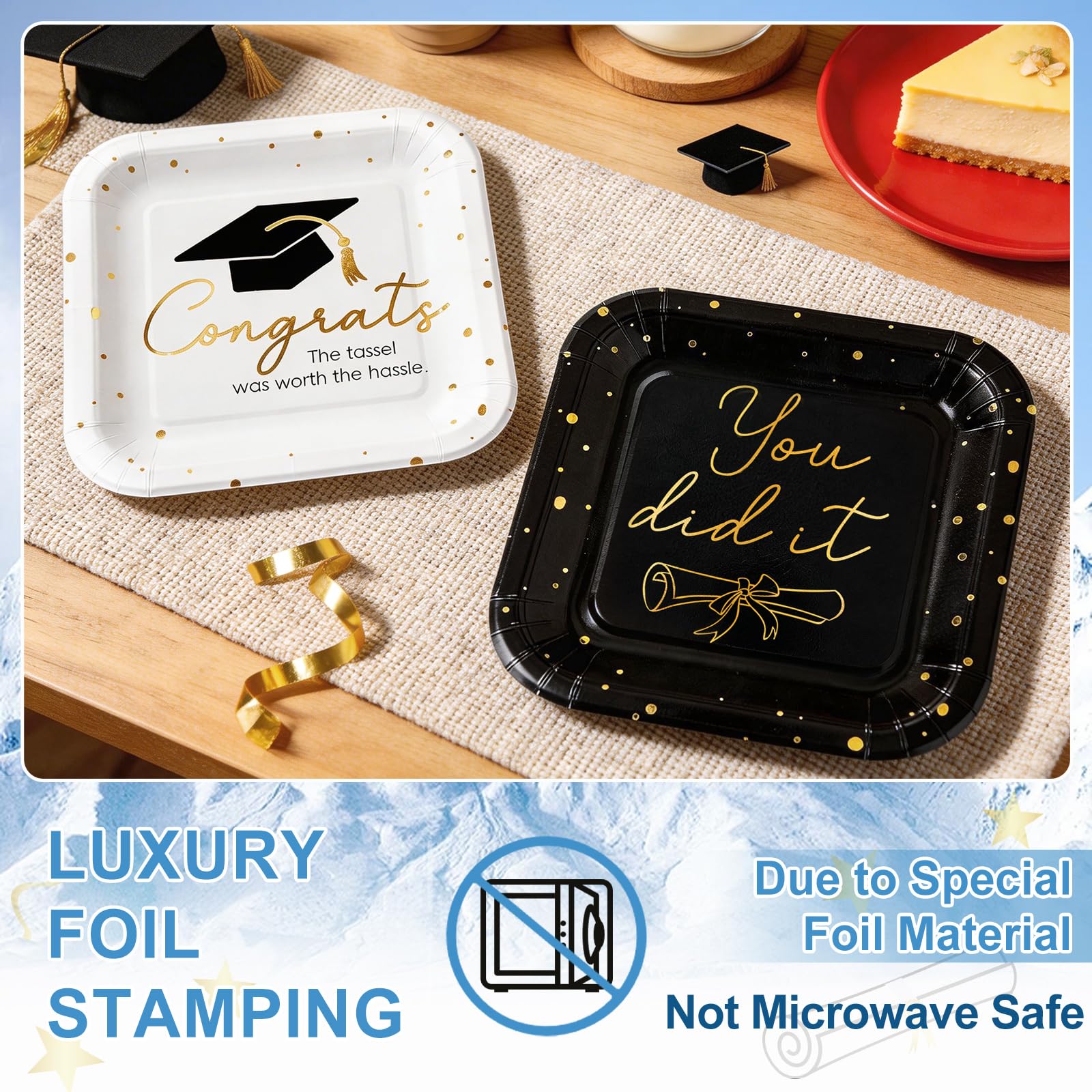 OuMuaMua graduation party table ideas with chic black-white-gold accents.