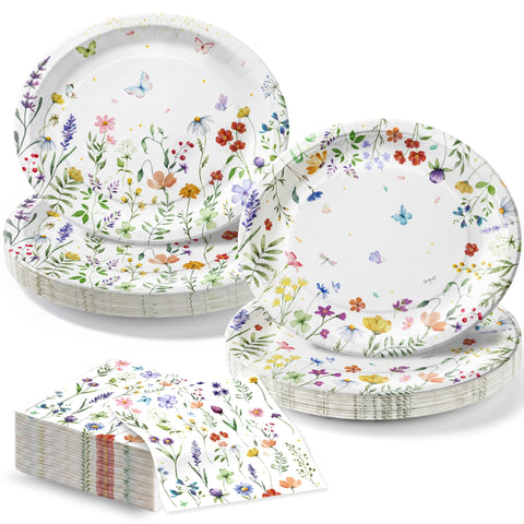 OuMuaMua wildflower plates set for a 100-guest garden party with two floral designs