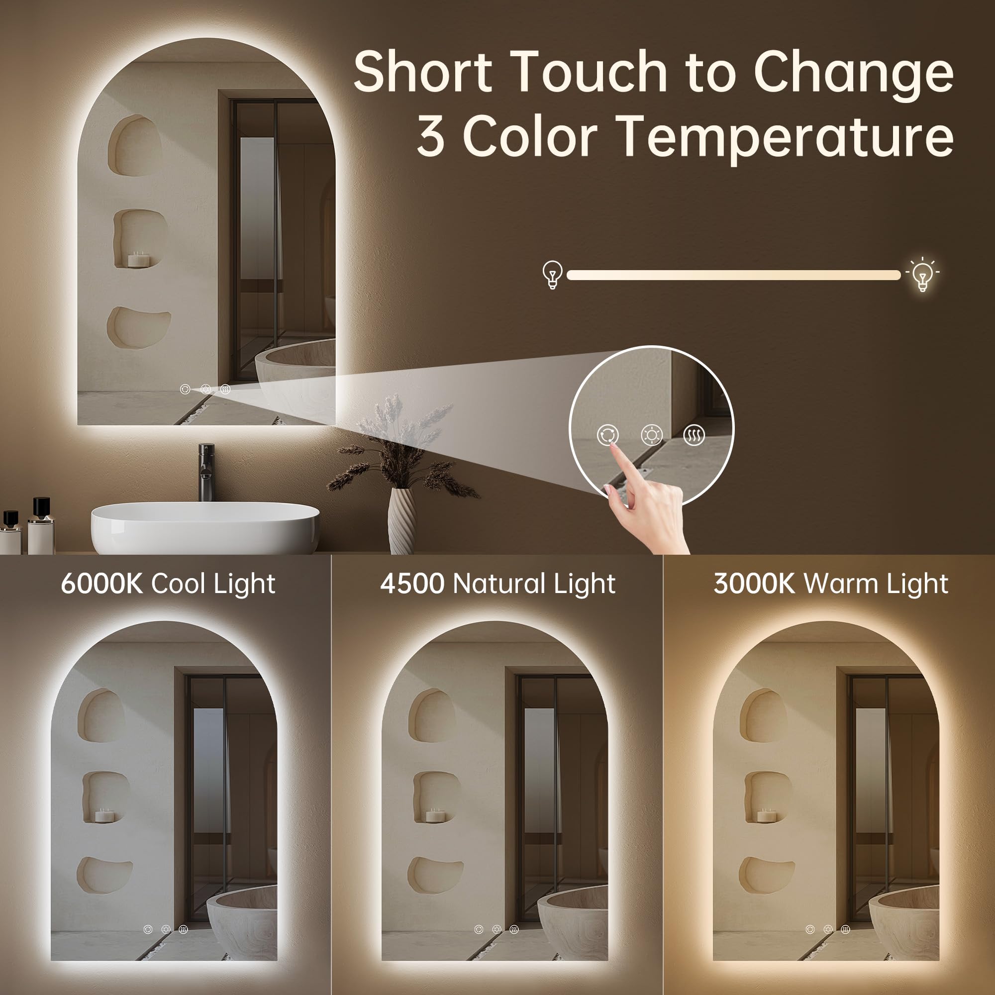 OUMUSU dimmable mirror offers three color temperatures for different tasks.
