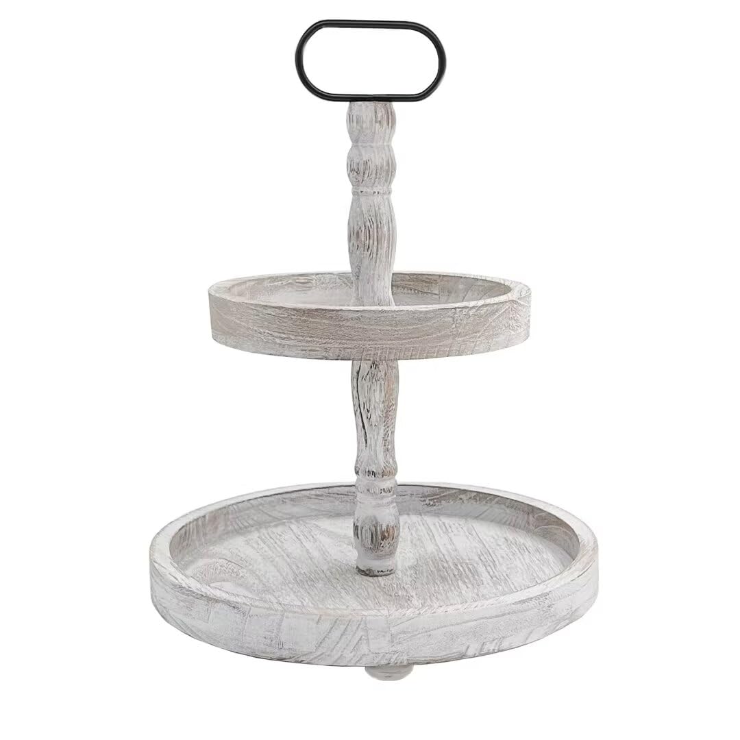 Ouosawa farmhouse 2-tier tray stand in white with rustic wood texture for home decor.