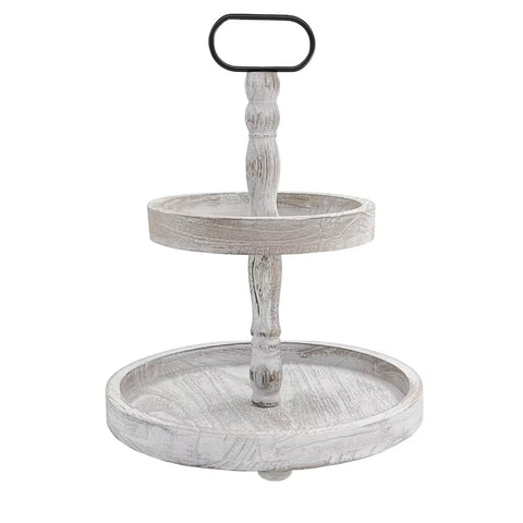 Ouosawa farmhouse 2-tier tray stand in white with rustic wood texture for home decor.