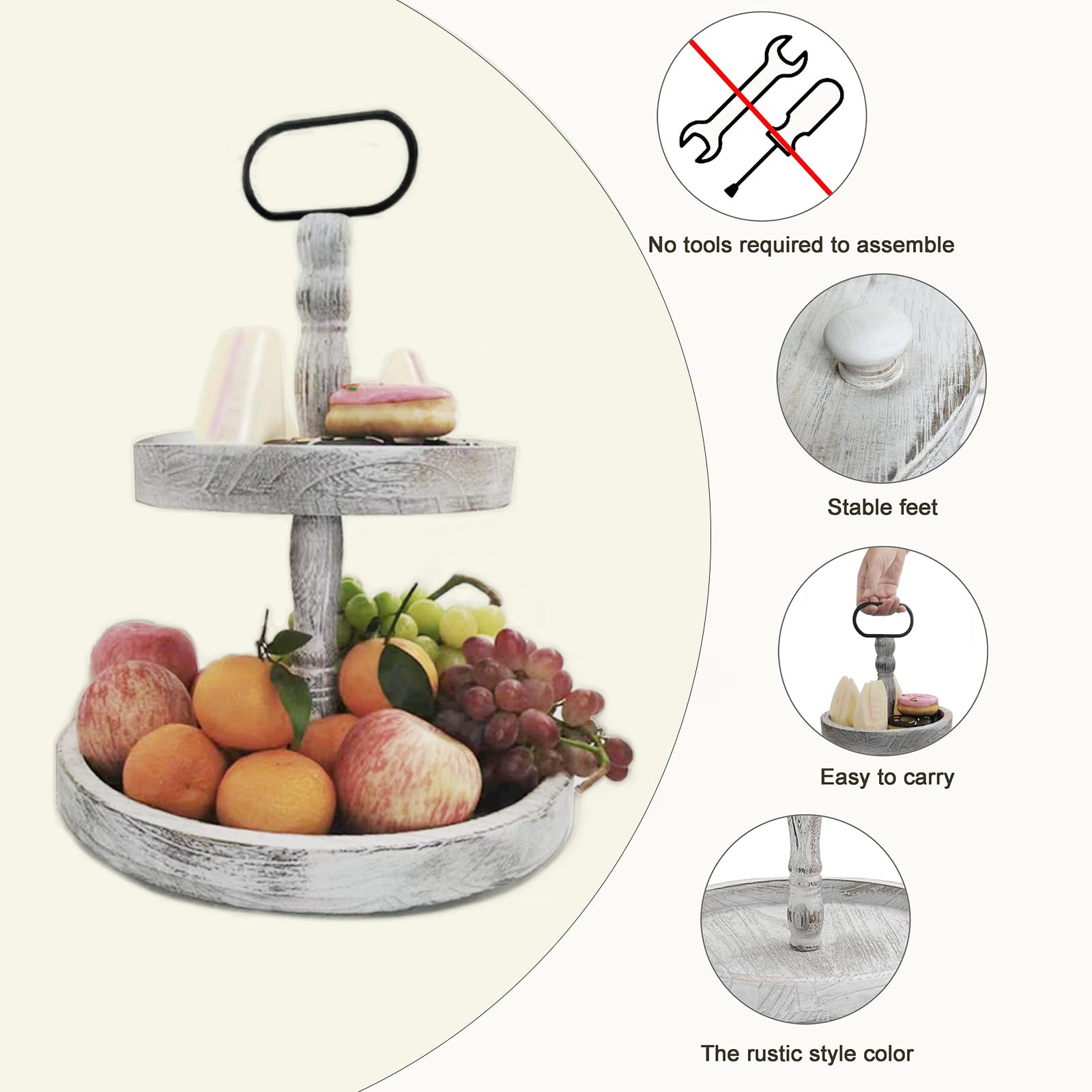Ouosawa white two-tier tray showing fruits and desserts for easy serving.