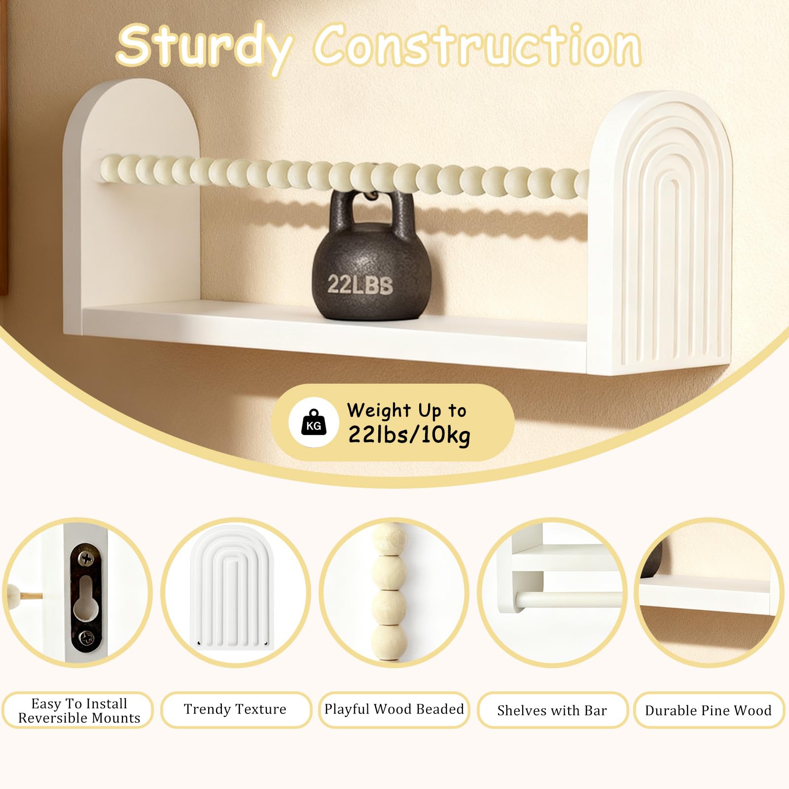 OurWarm beaded-design shelves add charming detail and storage.