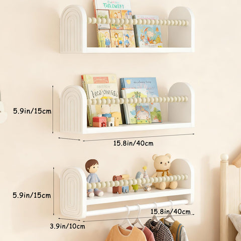 OurWarm floating shelves with towel bar provide compact storage and display.