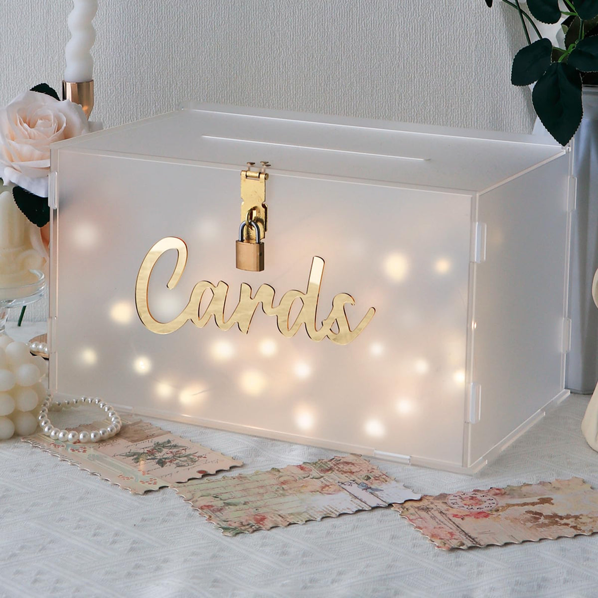 OurWarm frosted acrylic wedding card box with lock front view to secure guest cards.