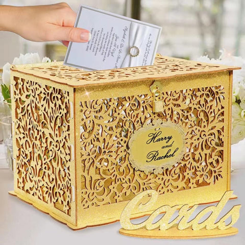 OurWarm gold wedding card box with glitter finish secures guest cards at the reception.
