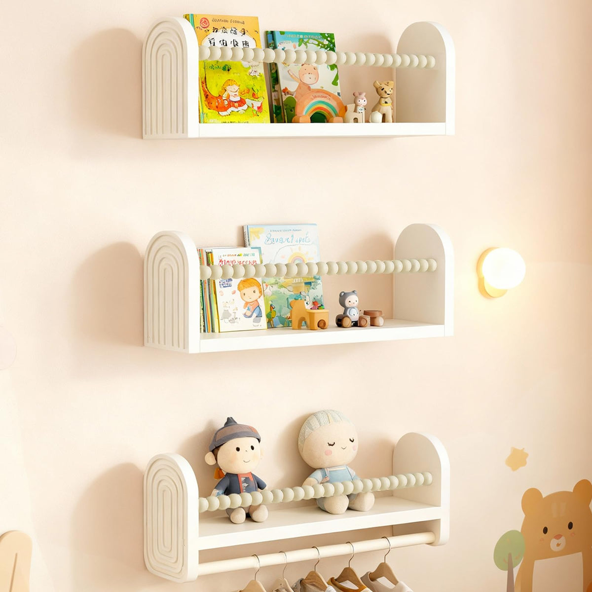 OurWarm nursery shelves wall set 3 with towel bar keep baby books organized.