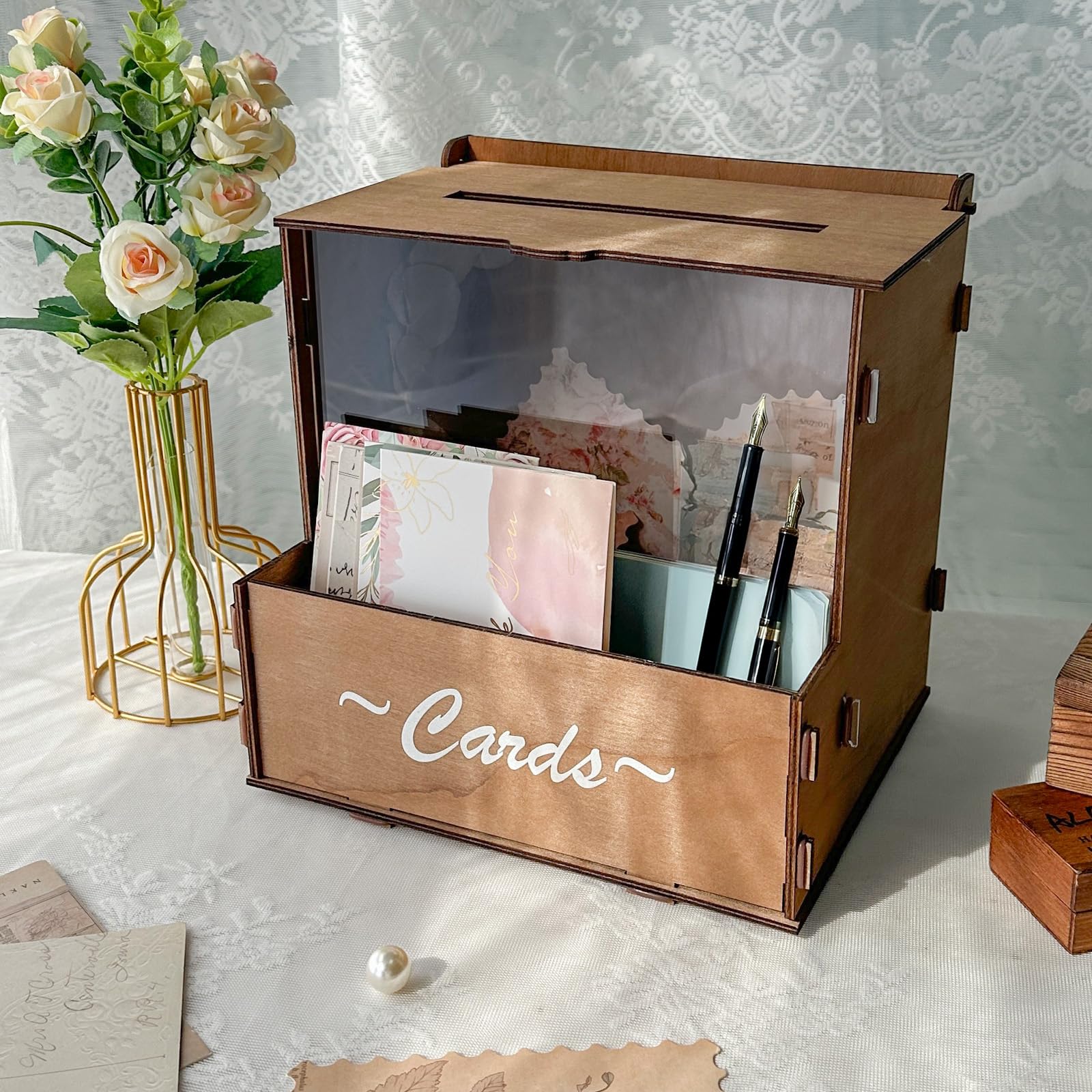 OurWarm wedding card box with clear acrylic front view for card visibility