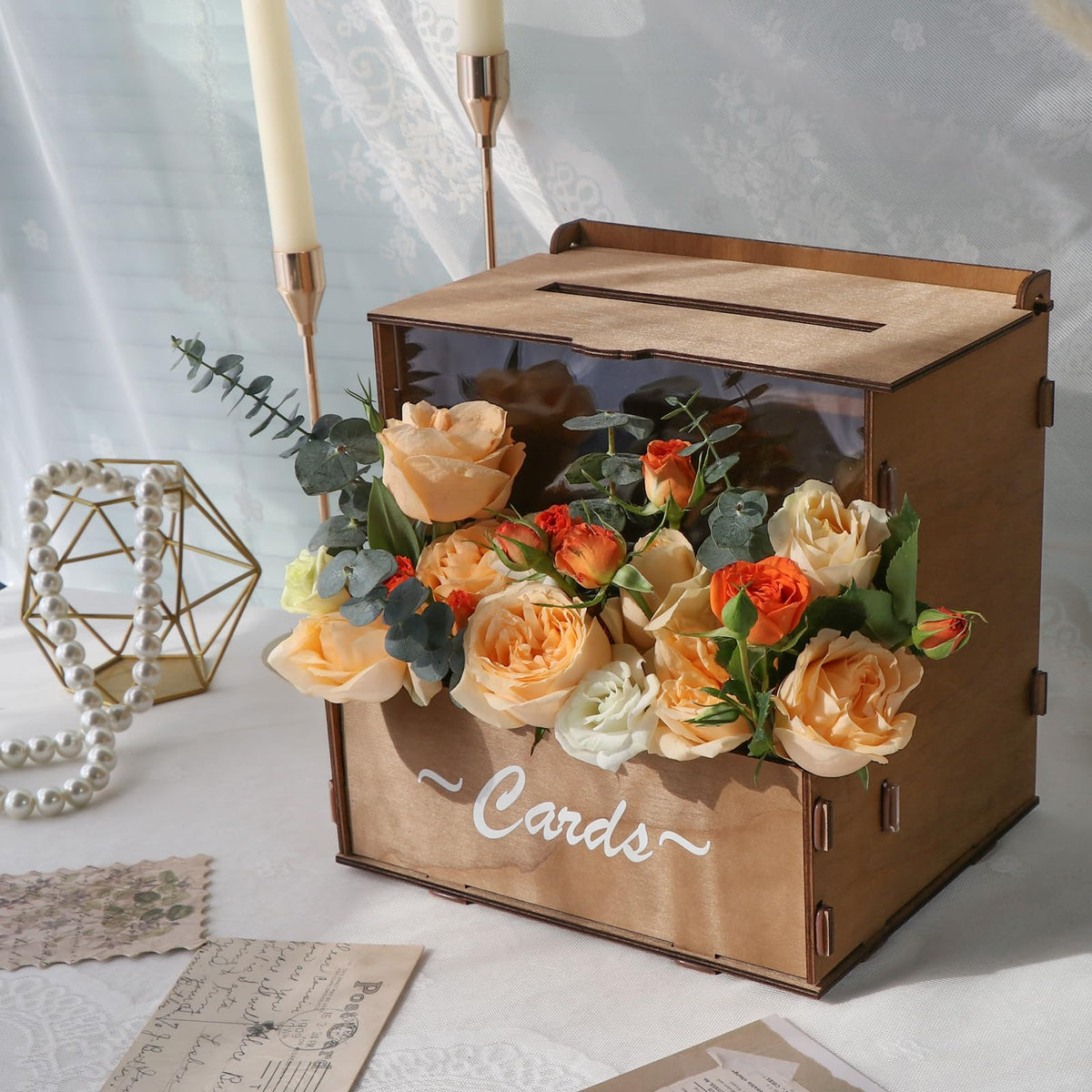 OurWarm wedding card box with flower trough front view highlights rustic charm