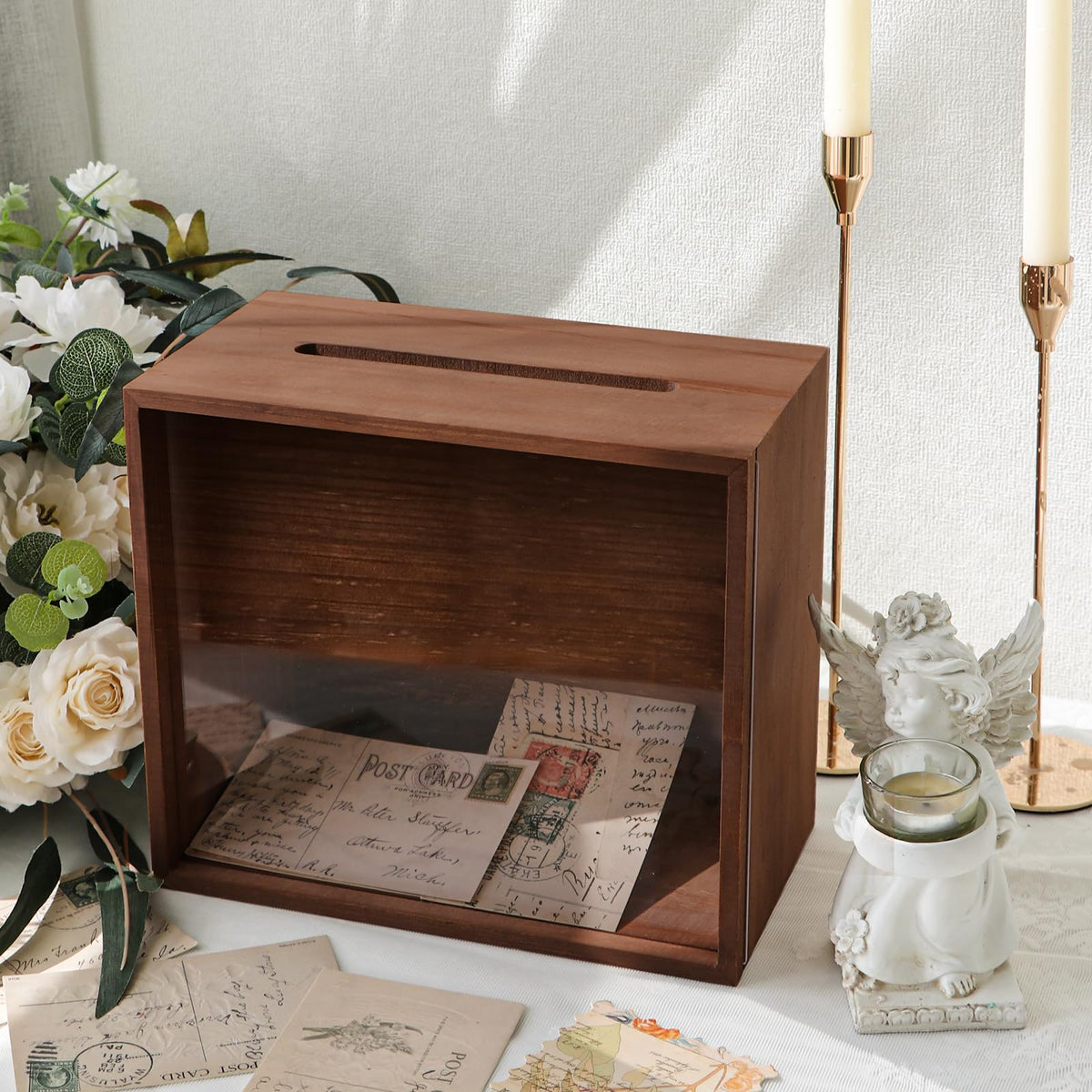 OurWarm wooden card box for reception with rustic charm.