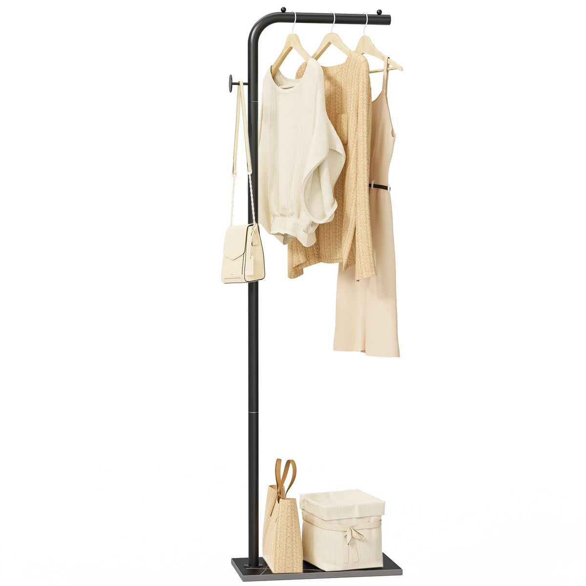 OUTBROS coat rack with L-shaped metal frame for organized clothes.