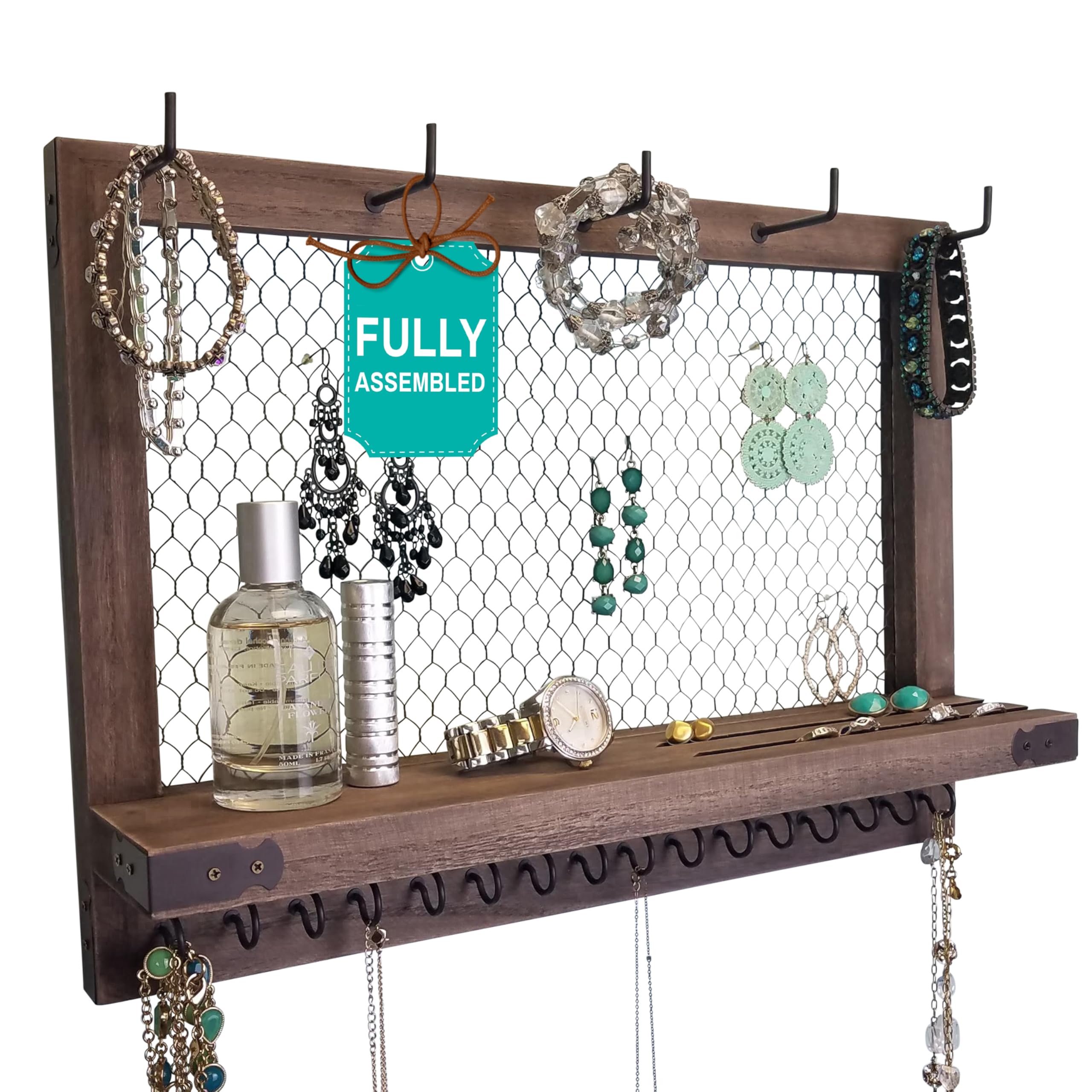 OUTSHINE large farmhouse jewelry organizer front view with ample space for necklaces and earrings.