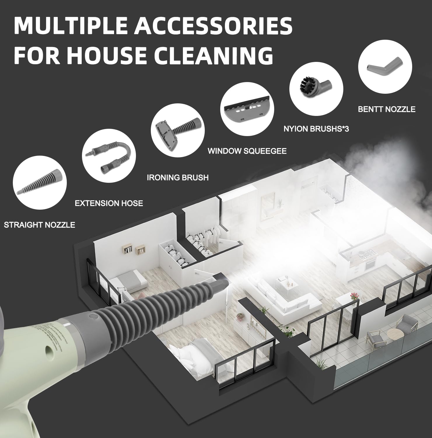 Outspurge cleaner's 13 accessories enable versatile home cleaning.