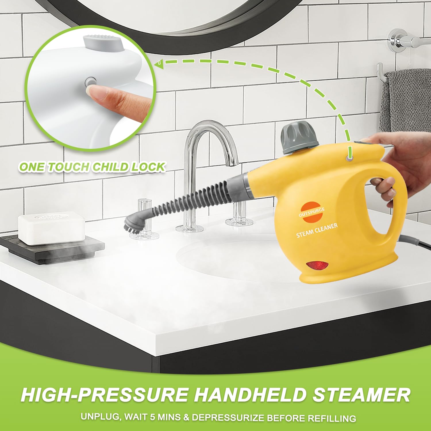 Outspurge handheld steam cleaner extended cord for easy all-room reach.