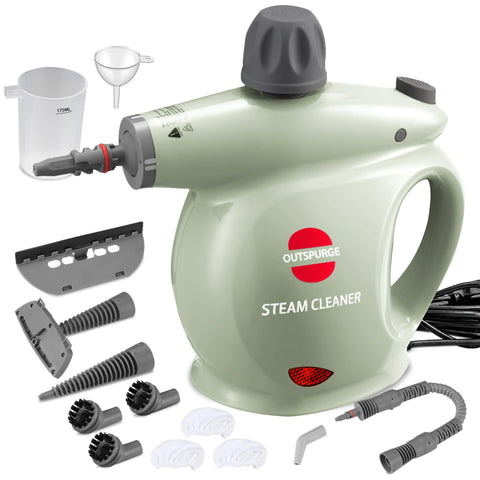 Outspurge handheld steam cleaner targeting grout lines for deep, chemical-free cleaning.