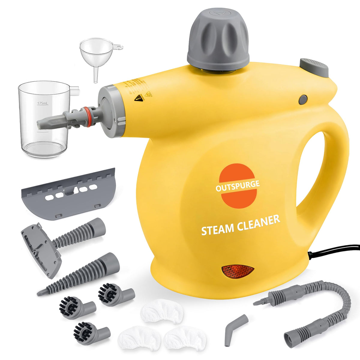 Outspurge handheld steam cleaner yellow front view for versatile surface cleaning.