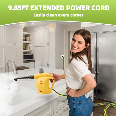 Outspurge handheld steam cleaner yellow water cap close-up showing quick cleaning.
