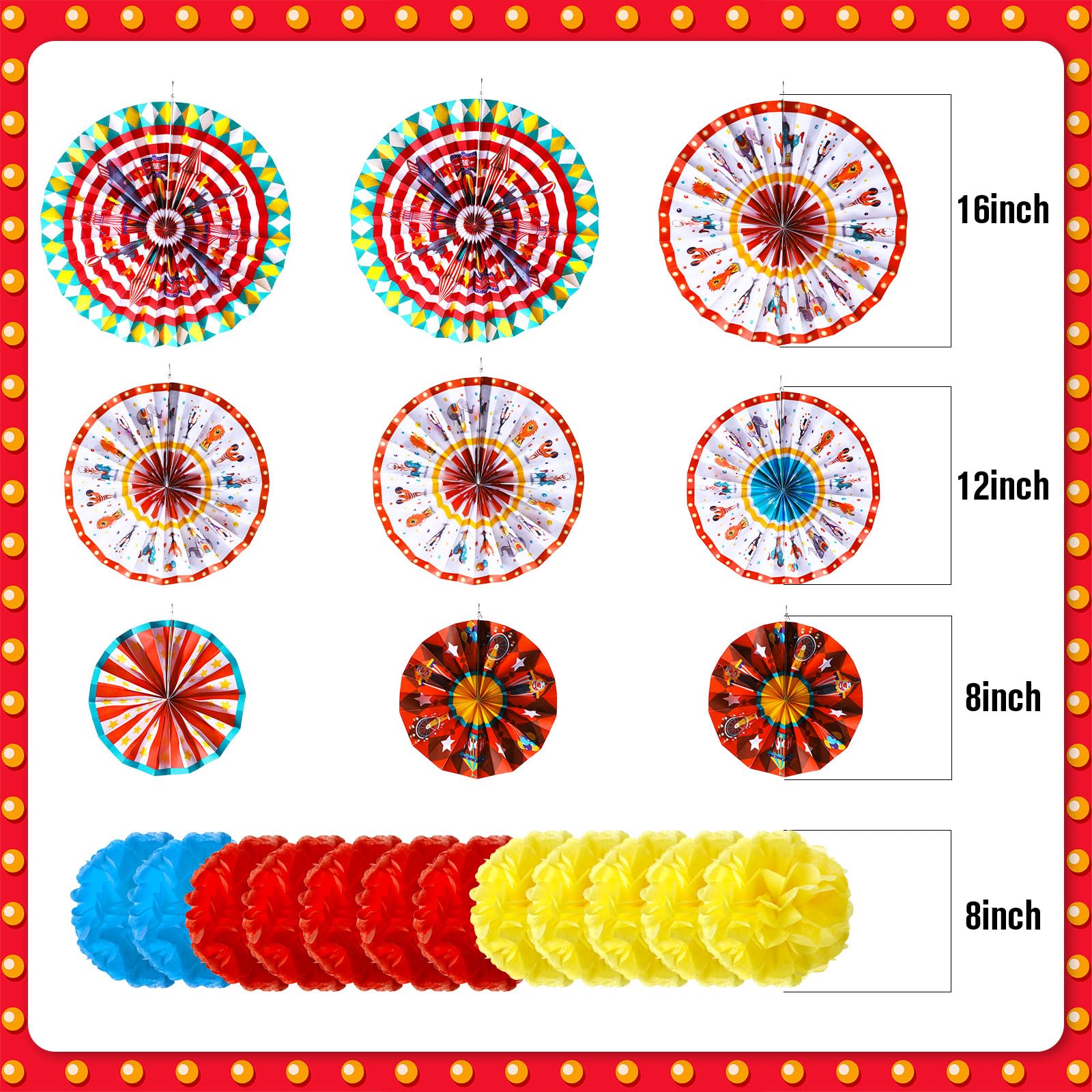 Outus red yellow blue pom poms brighten walls and party corners.