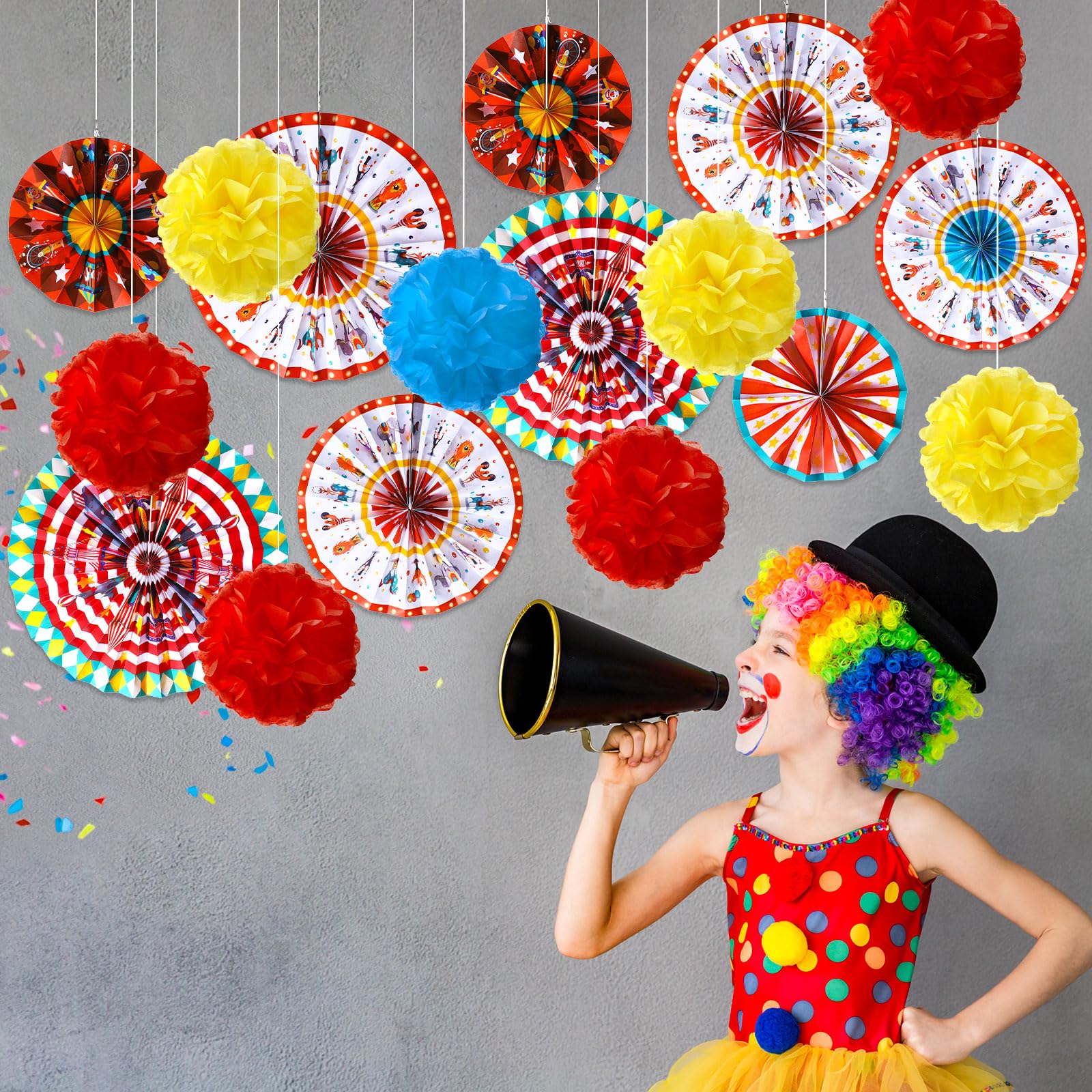 Outus ceiling-hung circus fans and pom poms transform ceilings quickly.