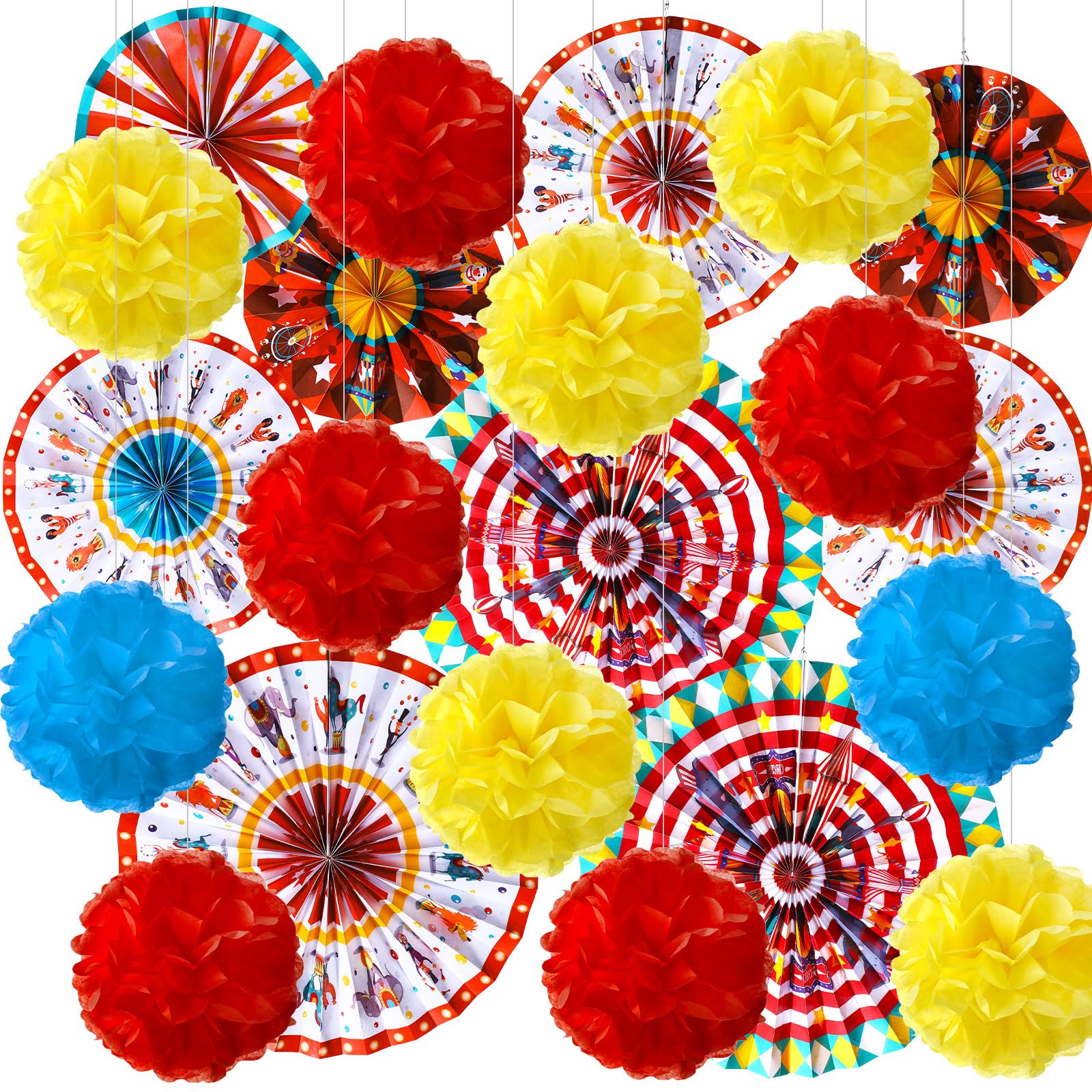 Outus carnival paper fans in three sizes add festive ceiling decor.