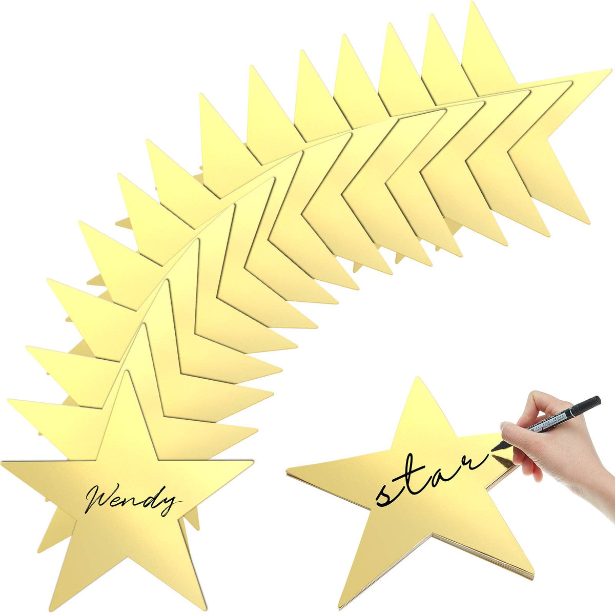 Outus gold star cutouts, 11-inch diameter, ideal for table decor and backdrop.