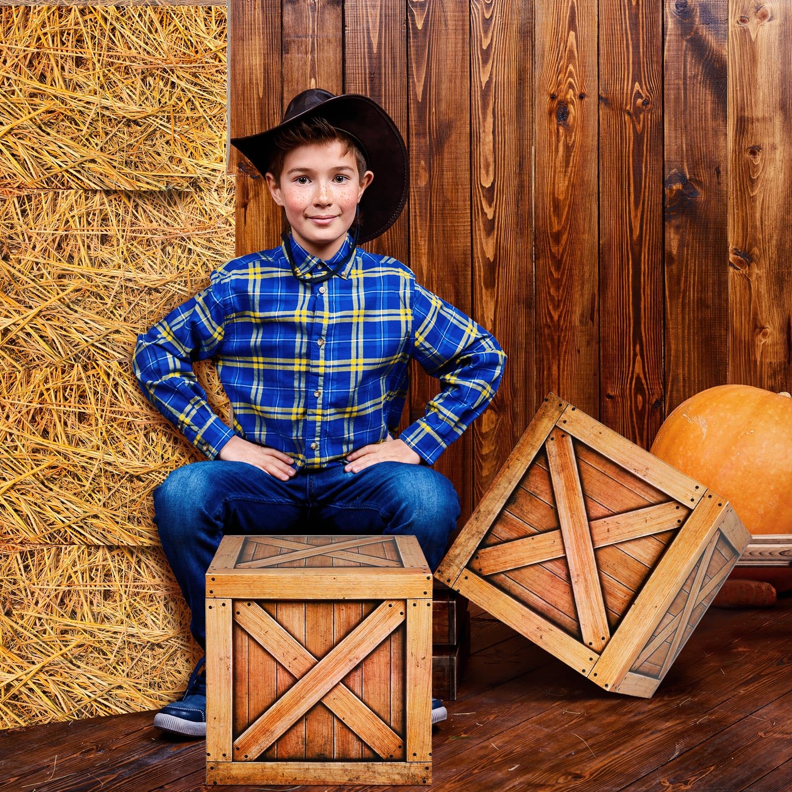 Outus hay bales boxes fall harvest display complements seasonal decor.