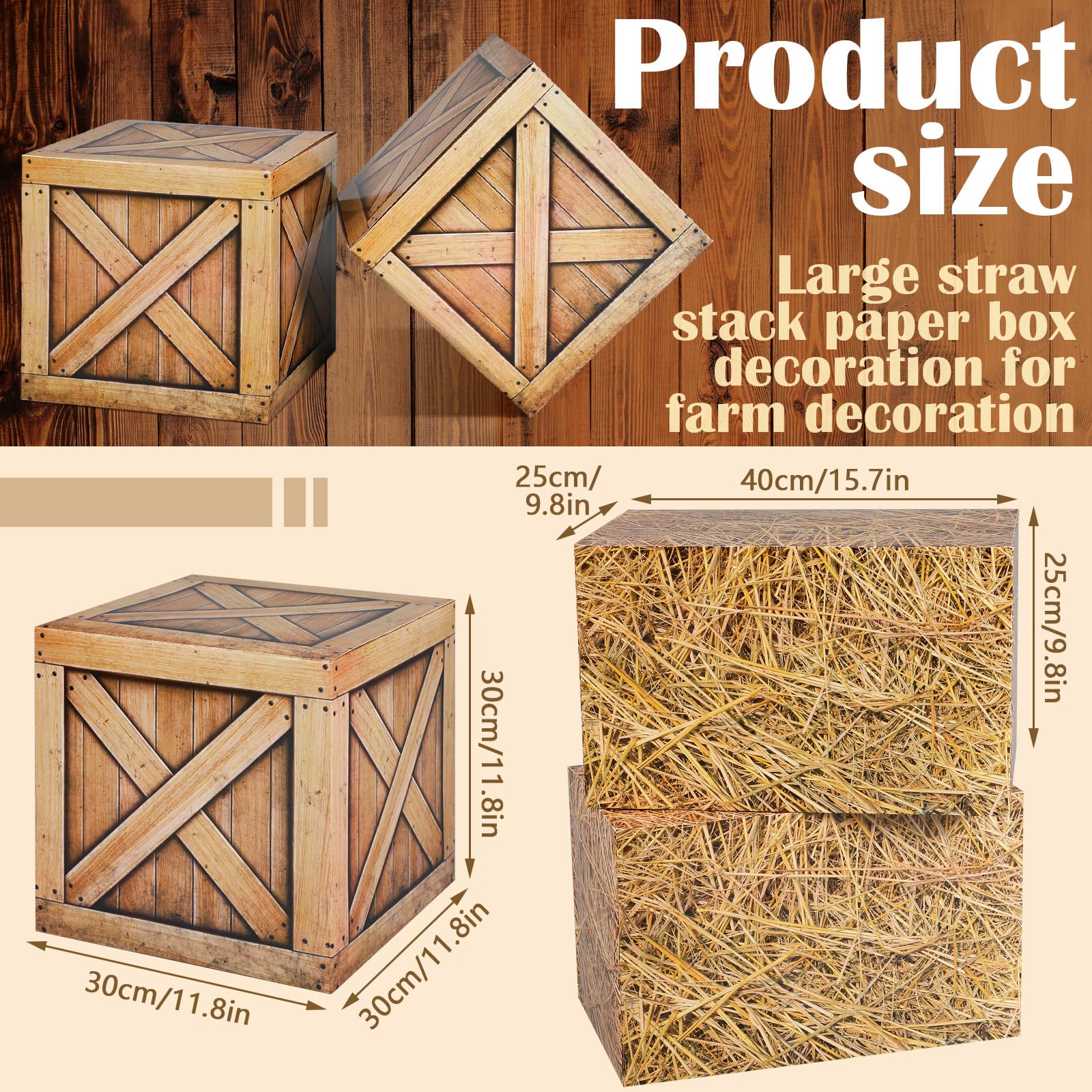 Outus hay bales boxes plank pattern side displays vintage centerpiece option.