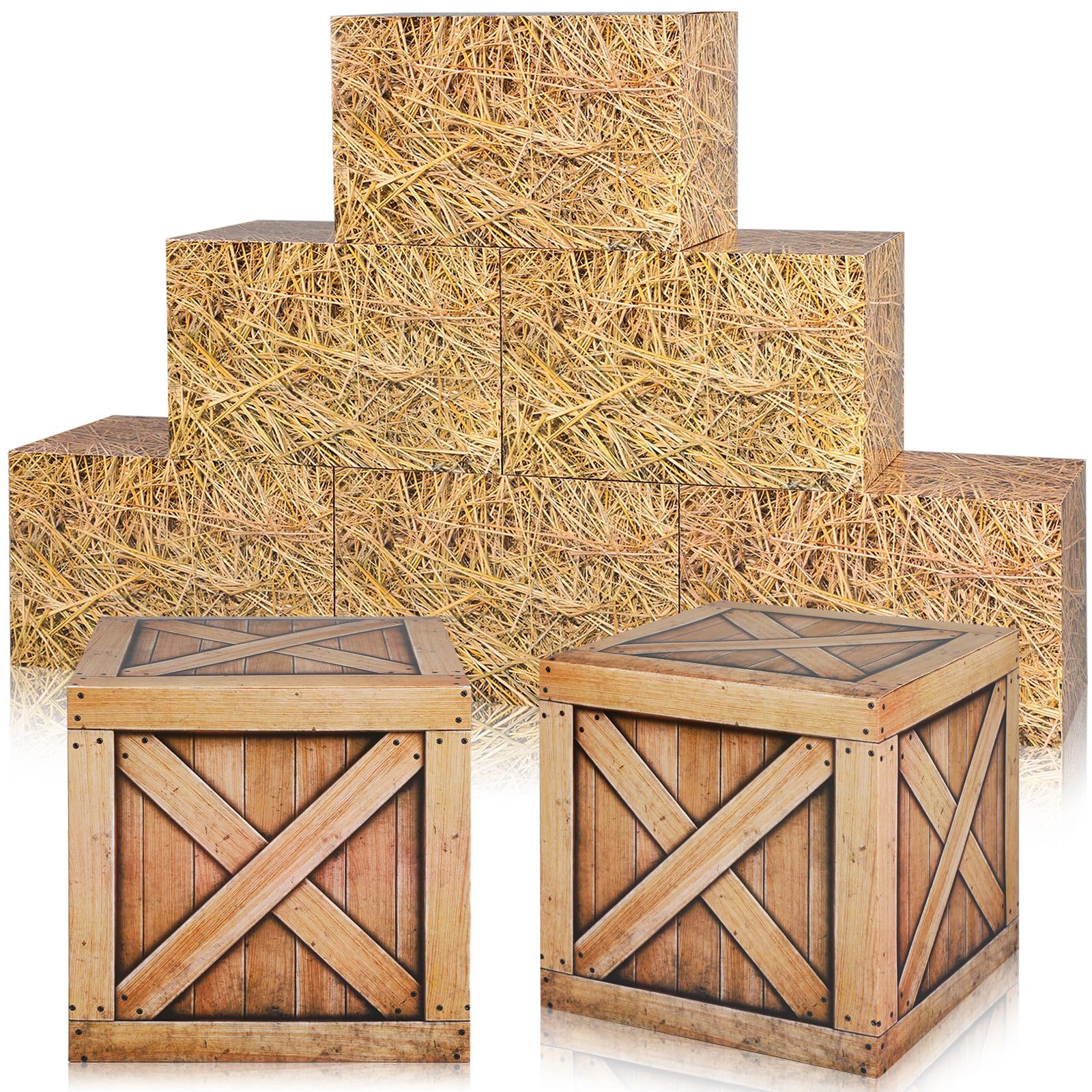 Outus hay bales boxes straw pattern front creates rustic photo backdrop.