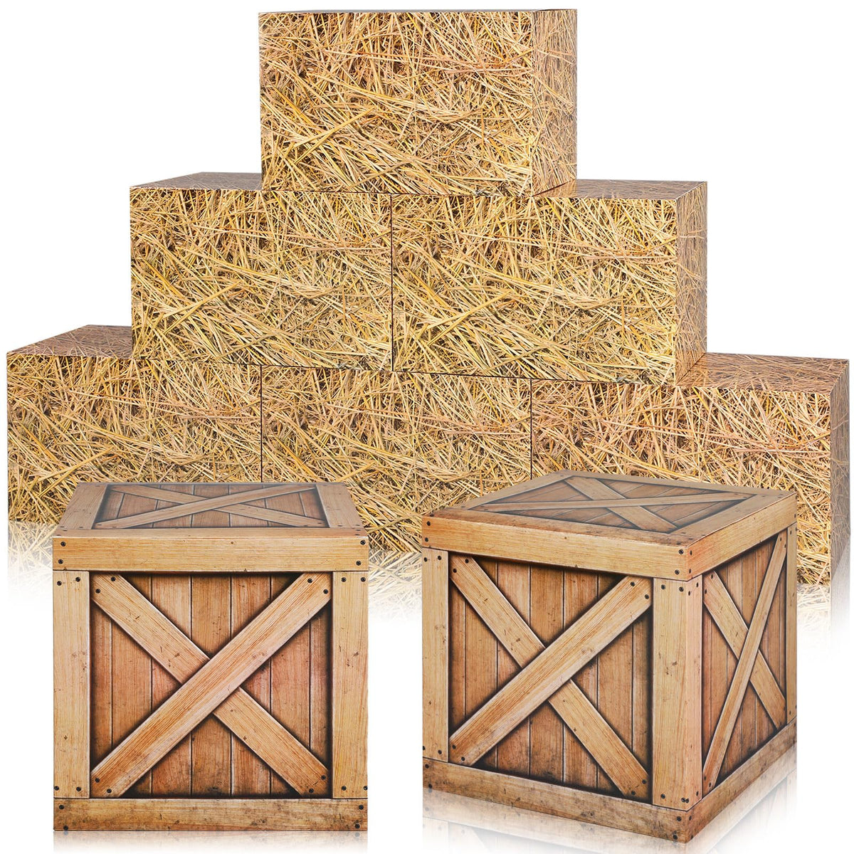 Outus hay bales boxes straw pattern front creates rustic photo backdrop.