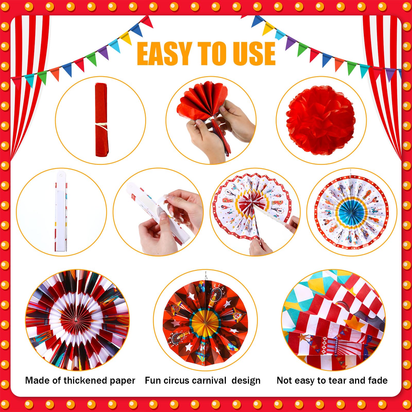 Outus tissue flowers soften spaces and create a playful carnival vibe.