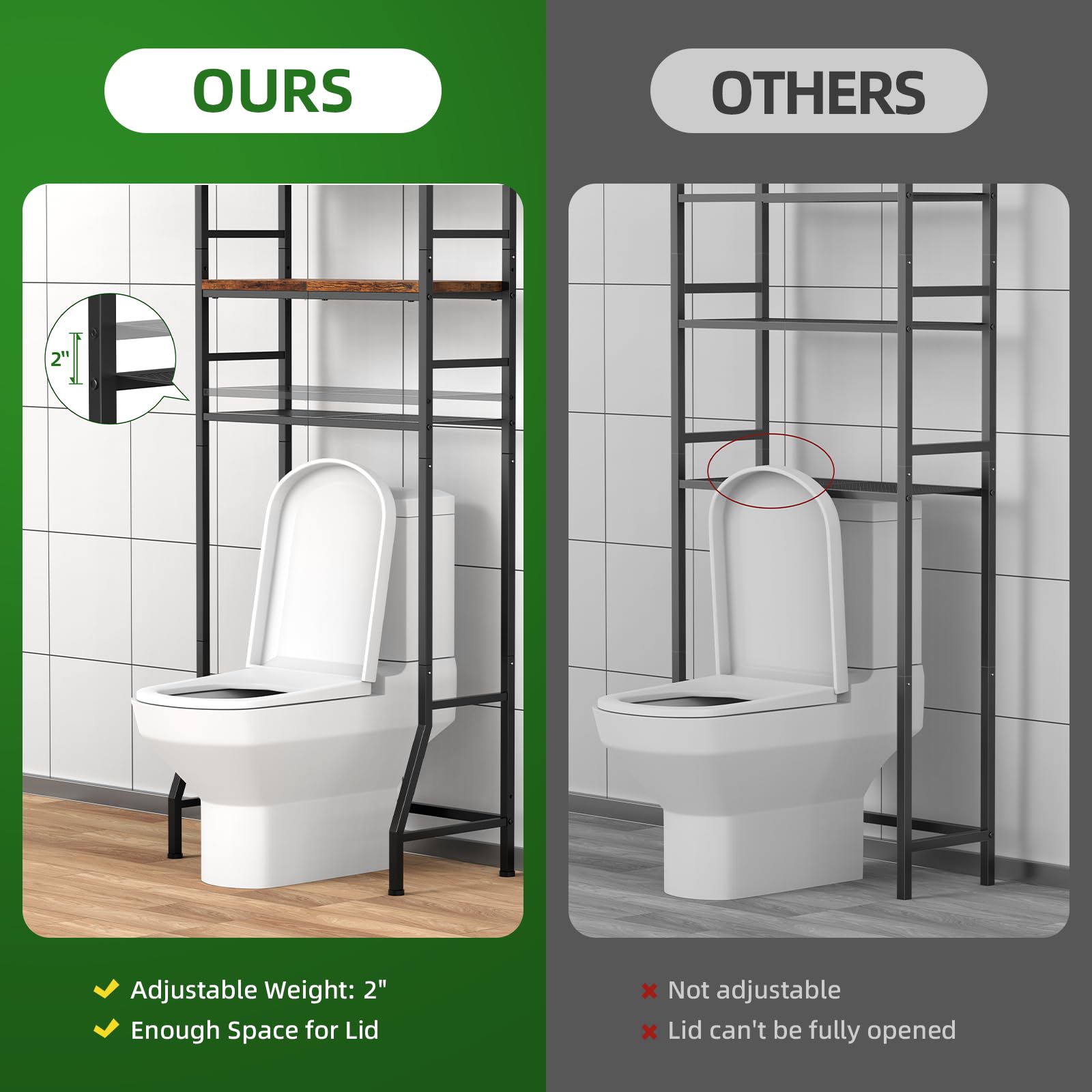 OUTWOLF over-the-toilet storage rack adjustable shelves fit tall bottles and small containers.