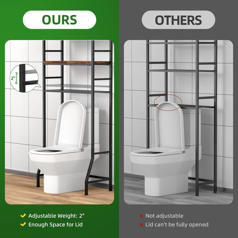 OUTWOLF over-the-toilet storage rack adjustable shelves fit tall bottles and small containers.