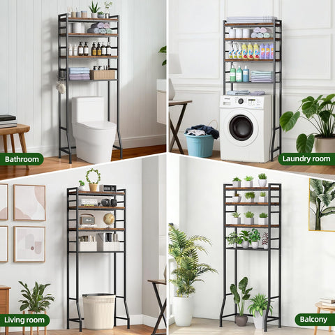 OUTWOLF over-the-toilet storage rack no-drill installation protects walls with adhesive pads.