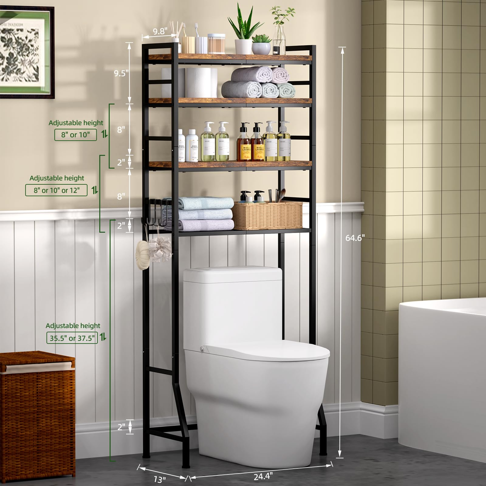 OUTWOLF over-the-toilet storage rack removable hooks provide flexible bathroom storage options.