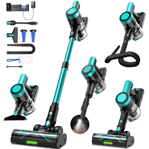 OUYFHK cordless vacuum demonstrating 58KPa suction for deep floor cleaning.